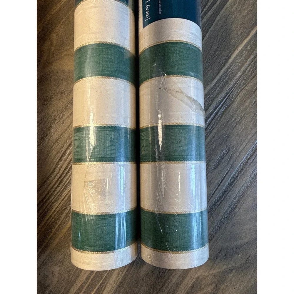 Vintage Bordenstyle Vinyl Wallpaper 2 Rolls Green Cream Gold Stripe CC216FF New